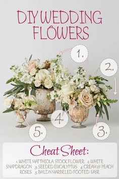 a poster with flowers in vases and numbers on the front cover for wedding flowers