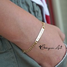 "This beautiful handmade bracelet will feature your kid's initials, name or date in pretty font or your choice. Bracelet is unisex and can be worn by girl or boy. Great gift for baby shower, child birth, birthday, etc. Metal: *14K solid gold * 14K white gold Bar length: 0.8\" (24mm) Front of the bar can be engraved up to 10 characters for better visibility. Bracelet length: 6\" If you need shorter size, please inquire. Chain type: curb. Chain with: 3mm -----HOW TO ORDER------ * Write your desire Pretty Font, Gold Bar Ring, Bracelets For Boyfriend, Paw Print Charm, Lovers Necklace, White Gold Bracelet, Id Bracelets, Cross Bracelet, Solid Gold Jewelry