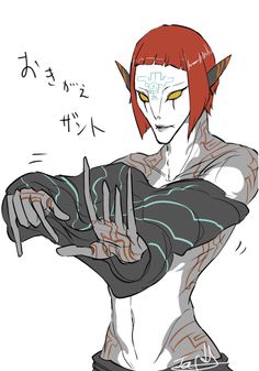 an anime character with red hair and horns holding something in his hands, while looking at the camera