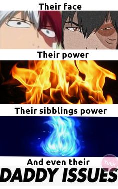 three different anime characters, one with fire and the other with blue flames in their eyes