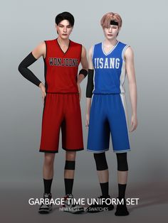 two young men standing next to each other wearing basketball uniforms