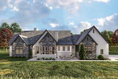 this is an artist's rendering of a house in the country style with stone and shingles