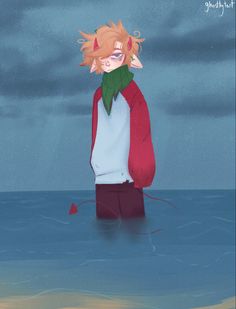 an anime character standing in the water with his head tilted to the side, wearing a red jacket and green scarf