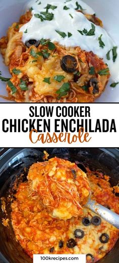 slow cooker chicken enchilada casserole with cheese and olives