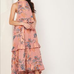 Free People, Anita Ruffle Detail Printed Dress New With Tag Flowy Tiered Printed Dress, Tiered Printed Dress For Garden Party, Sleeveless Floral Print Tiered Dress For Brunch, Pink Printed Tiered Dress, Chic Sleeveless Floral Print Tiered Dress, Feminine Sleeveless Floral Tiered Dress, Flowy Floral Print Sleeveless Tiered Dress, Bohemian Sleeveless Tiered Dress With Floral Print, Bohemian Sleeveless Floral Print Tiered Dress