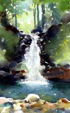 a watercolor painting of a waterfall in the woods