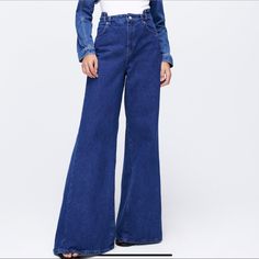 Purple Magazine Zw Flared Wide-Leg Jeans 34” Inseam High-Waist Jeans With An Asymmetric Waistband At The Front. Front Pockets And Deconstructed Patch Zara High Rise Flare Jeans For Fall, Zara Flare Jeans For Fall, Zara High Rise Fitted Bottoms, Zara Fitted High Rise Bottoms, Zara Stretch Wide Leg Pants, Fitted Mid-rise Wide Leg Pants, Trendy Zara Jeans, Zara High Rise Fitted Jeans, Zara High Waist Fitted Jeans