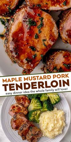 the cover of maple mustard pork tenderloin with broccoli and mashed potatoes