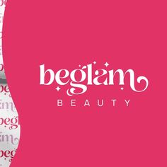 the logo for beglan beauty on a pink and white background with words all over it