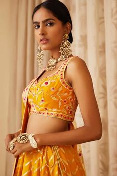 Shop for Shyam Narayan Prasad Yellow Brocade Silk Embroidered Lehenga Set for Women Online at Aza Fashions Mustard Yellow Lehenga, Tassel Dupatta, Sheer Dupatta, Leaf Sleeve, Yellow Lehenga, Indian Dresses Traditional, Embroidered Lehenga, Luxury Sale, Embroidered Neckline