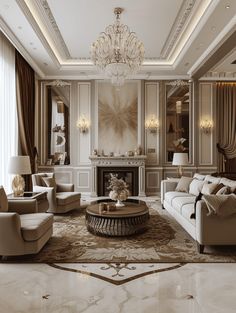 an elegant living room with chandelier and sofas