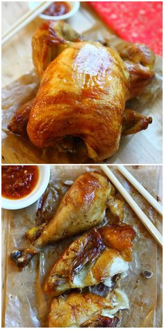 two pictures of chicken with chopsticks and sauce