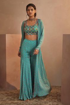 Shop for Aneesh Agarwaal Blue Chinon Chiffon Printed Jacket Sharara Set for Women Online at Aza Fashions Jacket Sharara, Blue Sharara, Designer Dresses Elegant, Sharara Designs, Sharara Pants, Indian Designs, Traditional Indian Dress, Indo Western Dress, Indian Woman