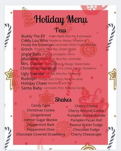 the holiday menu is shown in pink and gold