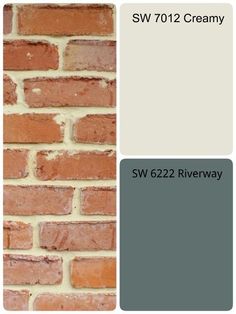 a brick wall with the words sw 702 creamy in white and gray on it