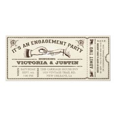 an old - fashioned ticket for a wedding with the words it's an engagement party