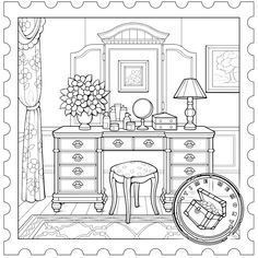 a drawing of a room with furniture and flowers on the table in black and white