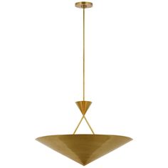 a brass colored pendant light fixture with an inverted cone design on the top and bottom