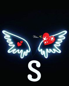 the letter q is made up of neon lights and angel wings with hearts on them