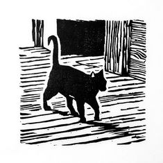 a black and white drawing of a cat in front of a wooden door with the light coming through