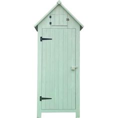 a green wooden shed with black handles on the front and side doors, isolated against a white background