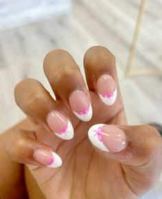 #frenchtips #nails #coquetteaesthetic One Nail Nail Art, Preppy Cute Nails, White Nails With Hot Pink Design, Easy Basic Nails, White Nail Ideas With Design, Tip Designs For Nails, Fruit Nails French Tip, Preppy Simple Nails, White French Tip With Pink Bow