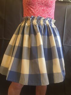 Paper bag skirt. Blue and white checked cotton.