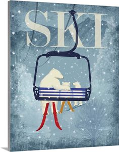 a polar bear riding on top of a ski lift with the word ski above it