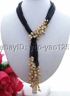 50" Champagne Keshi Pearl Onyx Necklace Long necklace | eBay Black Pearl Necklace For A Gift, Black Beaded Lariat Necklace Gift, Black Beaded Necklace For Gift, Black Multi-strand Jewelry For Gift, Black Multi-strand Necklace Gift, Black Long Necklace As A Gift, Handmade Multi-strand Black Necklace, Black Pearl Necklace With Round Beads As Gift, Multi-strand Black Beads Jewelry Gift