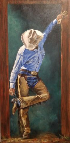 a painting of a cowboy leaning against a wooden pole with his hand on the ground