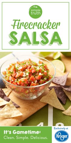 the flyer for firecracker salsa is shown with chips and limes on it