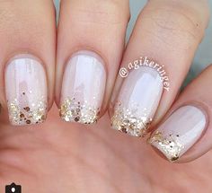 Bachelorette Nail Ideas, Mid Length Nails, Bridal Nail Ideas, Whimsical Nail Art, Nail Ideas Designs, Bachelorette Nails, White Sparkle Nails, Gold Sparkle Nails, Ivory Nails