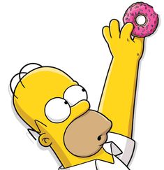 the simpsons is eating a donut with one hand and holding it in the air