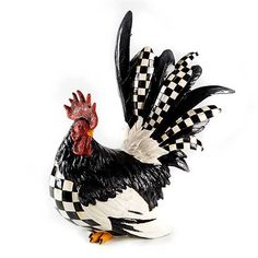 a black and white chicken with checkered feathers on it's head is standing in front of a white background