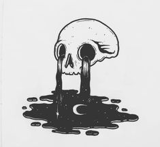 a black and white drawing of a skull with dripping blood