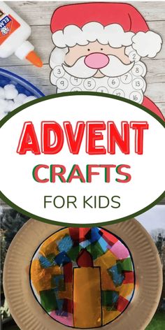 a paper plate with the words, adventure crafts for kids on it and a santa hat