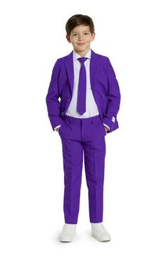 They'll look extra regal for their next formal even in this classic, two-button suit jacket and matching pants set complete with a tie and crisp button-up shirt. Jacket has two-button closure; notched lapels; nonfunctional three-button cuffs; chest welt pocket; front flap pockets; side vents Shirt has front button closure; spread collar; long sleeves with button cuffs Pants have zip fly with button-tab closure; front slant pockets; back welt pockets 100% polyester Machine wash, line dry Imported Classic Purple Formal Sets, Spring Purple Formal Suit, Purple Notch Lapel Sets For Formal Occasions, Formal Purple Sets For Spring, Matching Pants Set, Cuffed Pants, Boys Suits, 3 Piece Suits, Big Boys