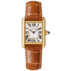 Brand New Authentic Cartier Tank Louis Cartier Small Silver Dial 18K Yellow Gold Brown Leather Strap Women's Luxury Watch Model WGTA0342. Polished 18K Yellow Gold case with Brown Alligator Leather Strap . 18K Yellow Gold Tang clasp. Smooth bezel. Dial description: Polished Blue Hands and Roman Numeral Hour Markers with Minute Markers Around the Inner Rim on a Grained Silver Dial. Swiss Quartz movement. Watch functions: Hour, Minute. Push-Pull. Set with a Sapphire Cabochon crown. Scratch Resistant Sapphire crystal. Rectangle case shape. Case size: 29.5mm x 22mm. Case thickness: 6.35mm. Solid case back. 30 Meters - 100 Feet water resistant. 2 year WatchMaxx warranty. Brown Leather Watch Women's, Tank Louis Cartier, Cartier Tank Watch, Cartier Tank Louis, Tank Watch, Sapphire Cabochon, Watches Women Leather, Brown Leather Watch, Gold Watches Women