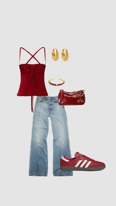 a red top, jeans and shoes are arranged on a white background with gold accessories