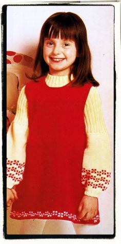 A COPY OF A VINTAGE 1970's ENGLISH KNITTING PATTERN to make a LITTLE GIRLS PINAFORE DRESS & Matching Sweater in 3 sizes to fit ages 3 to 8 years Gorgeous sleeveless pinafore tunic dress.. with a choice of checkered or fairytale mushrooms a butterflies around the hem. Scooped neck and thigh length.. which could be adjusted by working more rows after the pattern and before shaping The matching sweater is round necked with a wide ribbing to the body for a snug fit Ribbing to the tops of the sle English Knitting, Girls Pinafore Dress, Girls Pinafore, Intarsia Knitting, Matching Sweaters, Dress Sweater, Pinafore Dress, Sleeveless Tunic, Pretty Design