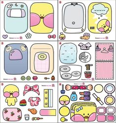 an assortment of stickers with different types of items on them, all in pink and blue