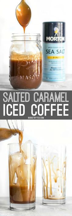 salted caramel iced coffee is being poured into two glasses, with the text salted caramel iced coffee above it