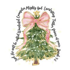 a christmas tree with a pink bow on it's head and the words merry mighty god