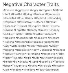 a list of negative character traits