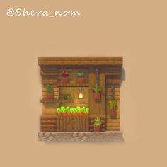 an image of a house made out of wood and plants on the front porch, with text overlay that reads shera nom