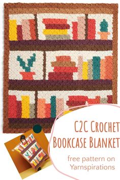 a crochet bookcase blanket with the text, free pattern on yarnspirations