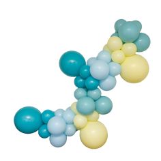 blue, yellow and white balloons are arranged in the shape of an x