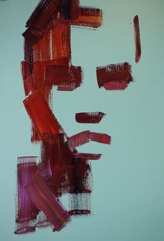 an abstract painting with red and purple colors on a white background, depicting a man's face