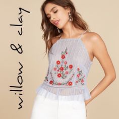 Willow & Clay Mesh Flower Tank Top Floral Embroidery And A Dainty Pleated Peplum Add Feminine Detail To This Delicate Crop Top That's Sure To Turn Heads At Your Next Rooftop Soiree. - Exposed Back Zip - High Neck - Sleeveless - Lined - Approx. 16.25" Length - Imported Fiber Content 100% Polyester Materials Self:100%Polyester Lining:100%Polyester Care Hand Wash, Dry Flat Dimensions Pit To Pit 17” Length (Strap To Bottom) 20.5” Summer Party Tops With Floral Embroidery, Fitted Floral Summer Tops, Fitted Floral Embellished Summer Tops, Fitted Floral Embellished Tops For Summer, White Floral Embellished Tops For Summer, Elegant Floral Embellished Summer Tops, Elegant Floral Embellished Tops For Summer, Chic Floral Embroidered Summer Tops, Chic Floral Embroidery Tops For Summer