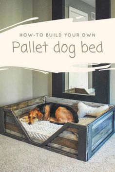 a dog laying on top of a wooden bed